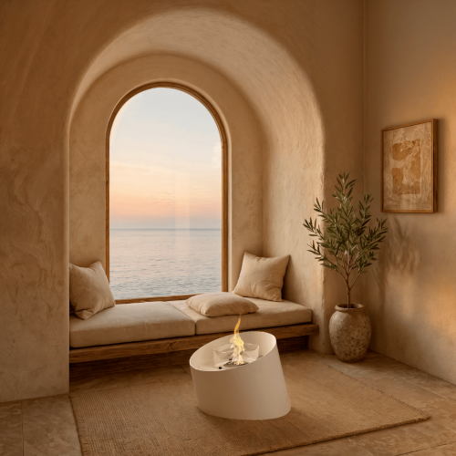 Contour White bioethanol fireplace by GlammFire in a warm contemporary interior with ocean view