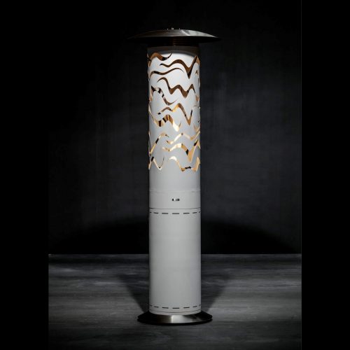 Hyperion Samba outdoor gas heater by GlammFire, featuring an artistic wavy cut-out design, perfect for elegant and modern outdoor spaces.