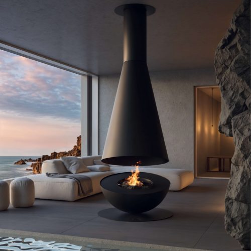 Thales Firewood fireplace in a luxurious seaside living area with panoramic ocean views.
