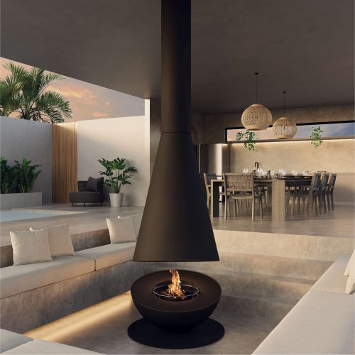 Thales Firewood suspended fireplace with black lacquered steel finish for modern interior design.